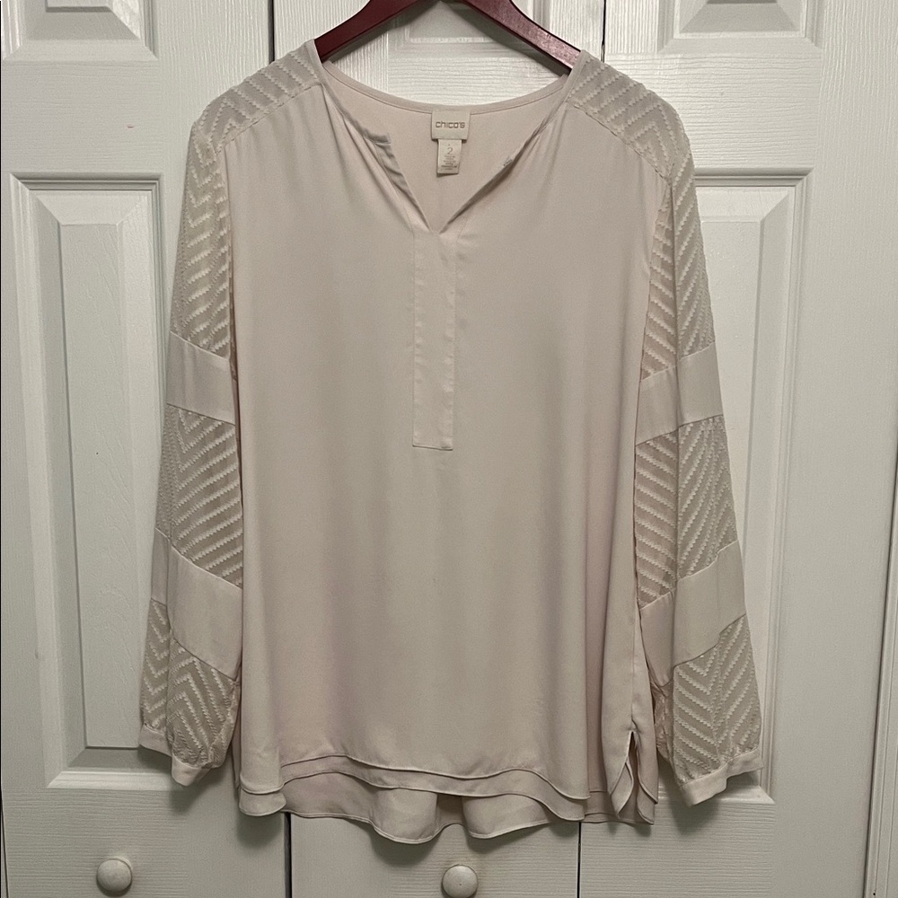Chico's Elegant Cream Blouse with Patterned Sleeves size 2